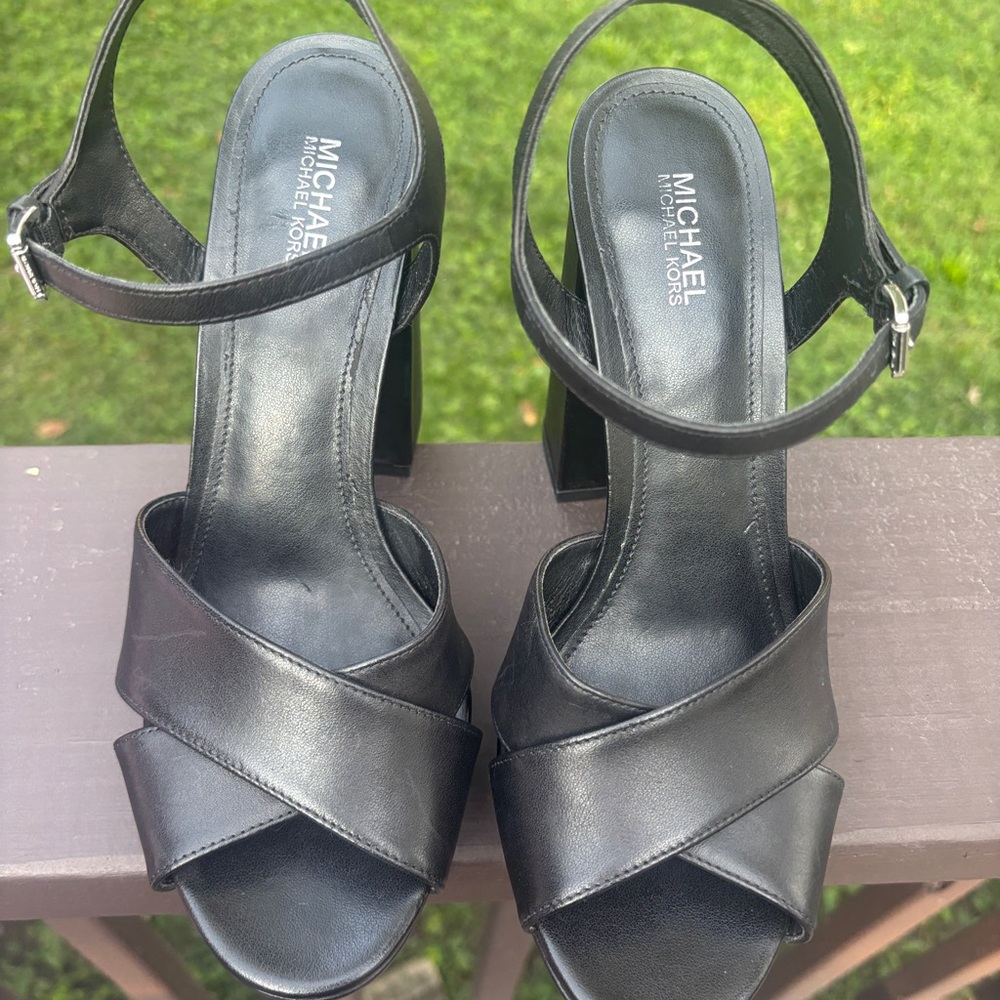 Michael Kors Black Leather Crisscross Block Heel Sandals